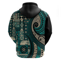 Vintage Samoa Siapo Mamanu Zip Hoodie Teal Samoan Tapa Motif - Polynesian Pride
