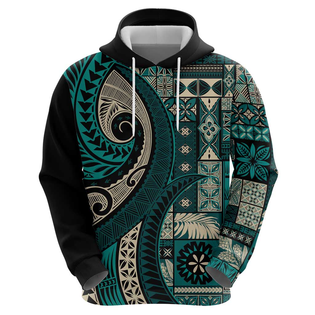 Vintage Samoa Siapo Mamanu Zip Hoodie Teal Samoan Tapa Motif - Polynesian Pride