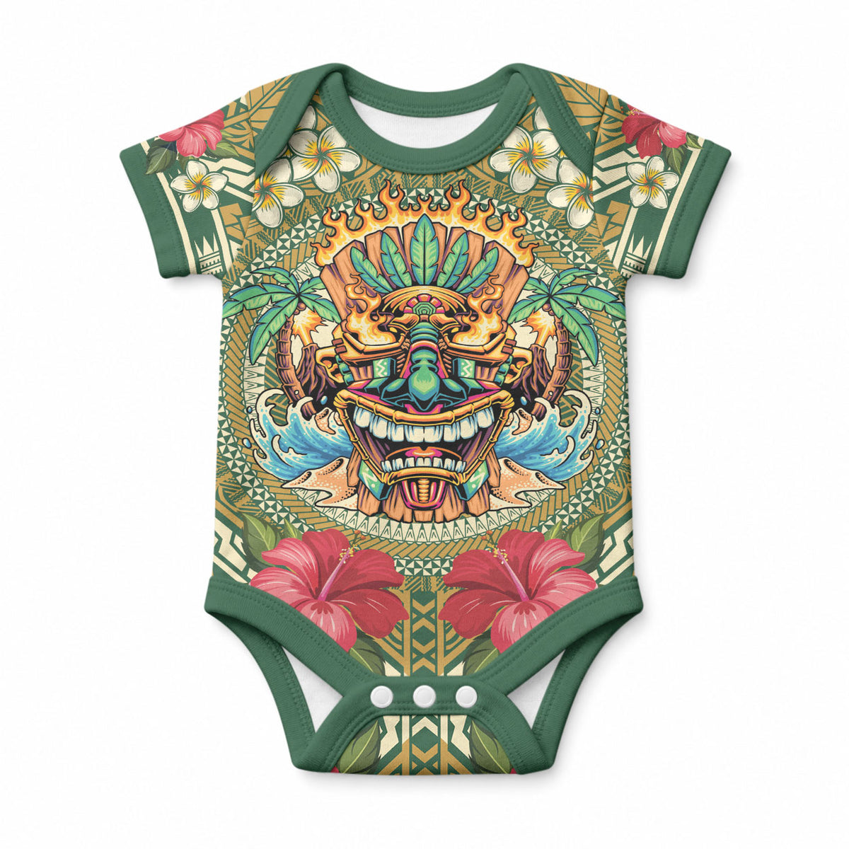 Hawaii Tiki Mask Personalized Baby Onesie Mele Kalikimaka i Iulai! LT9 Green - Polynesian Pride