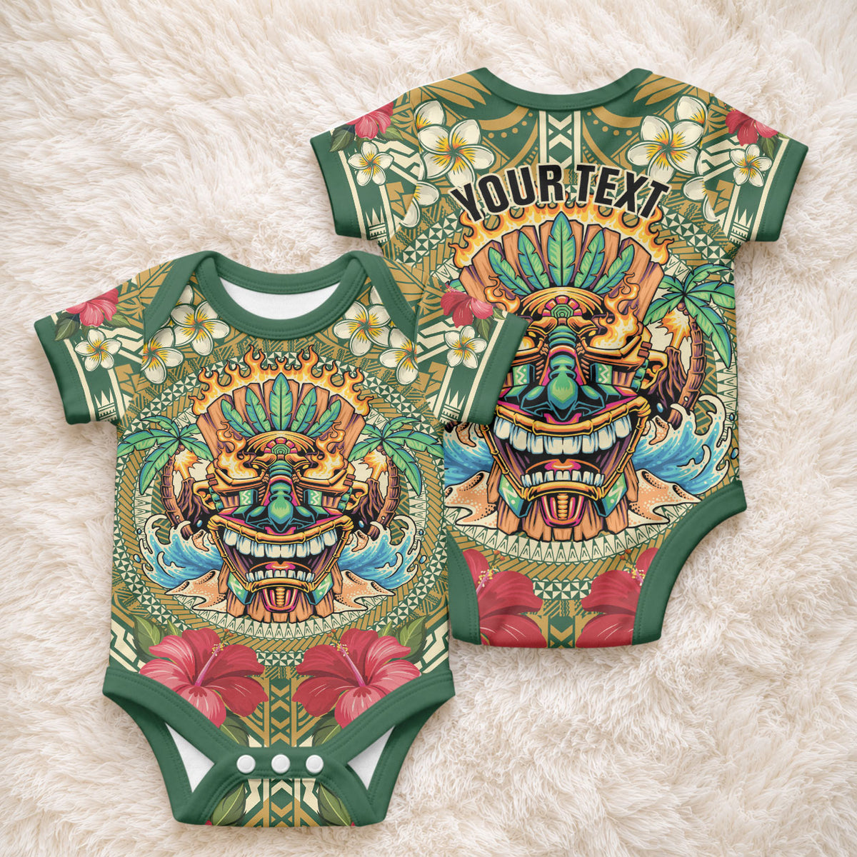 Hawaii Tiki Mask Personalized Baby Onesie Mele Kalikimaka i Iulai! LT9 - Polynesian Pride
