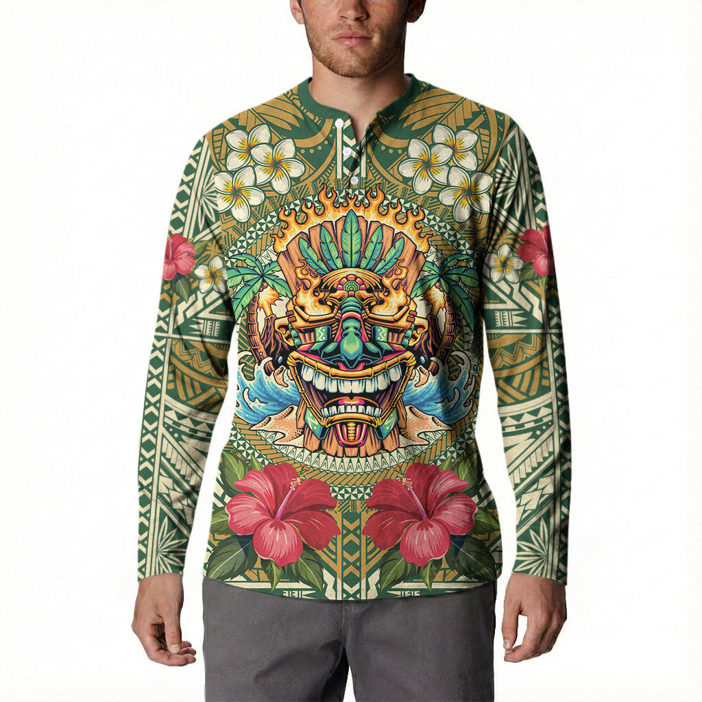 Hawaii Tiki Mask Personalized Button Sweatshirt Mele Kalikimaka i Iulai!