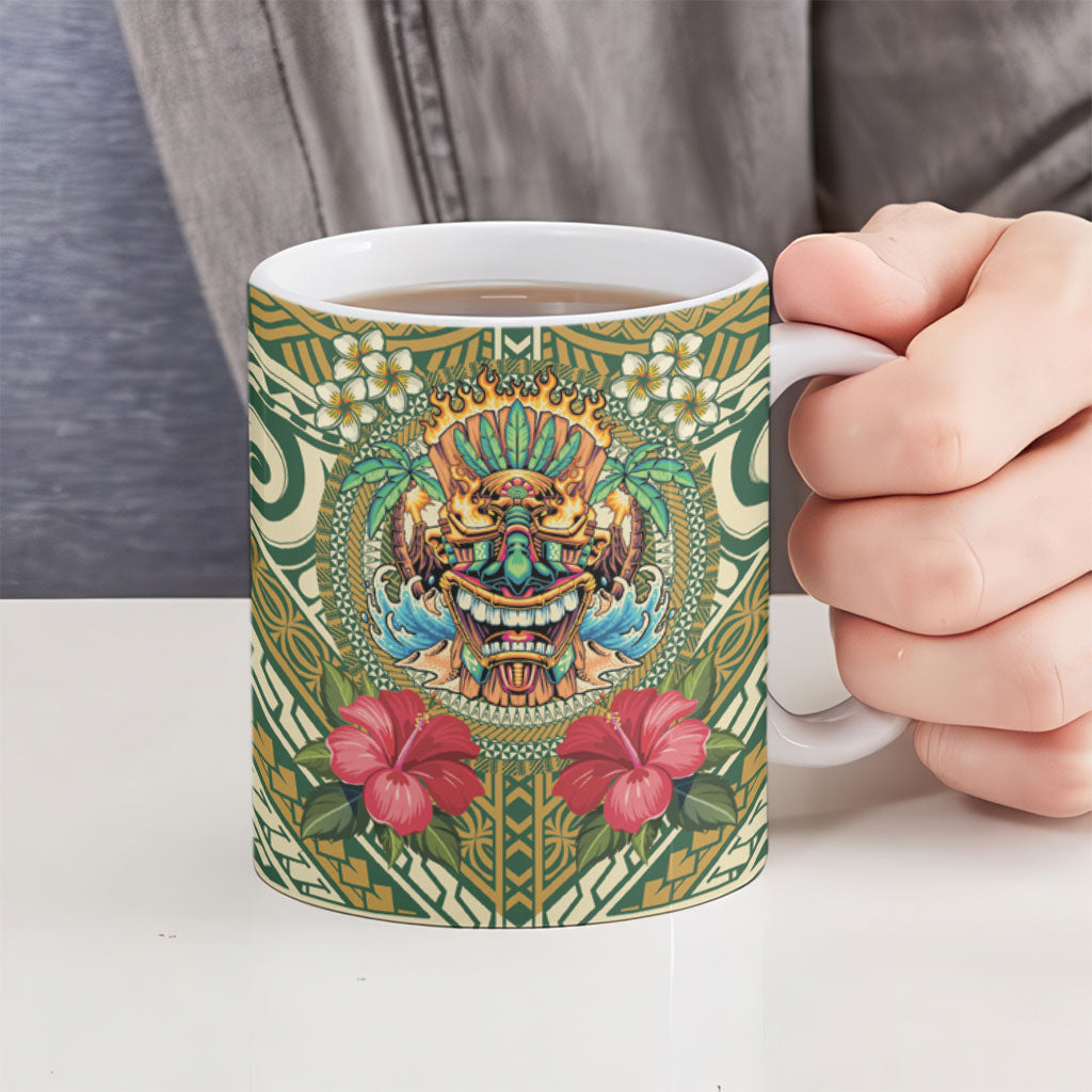 Hawaii Tiki Mask Personalized Ceramic Mug Mele Kalikimaka i Iulai!