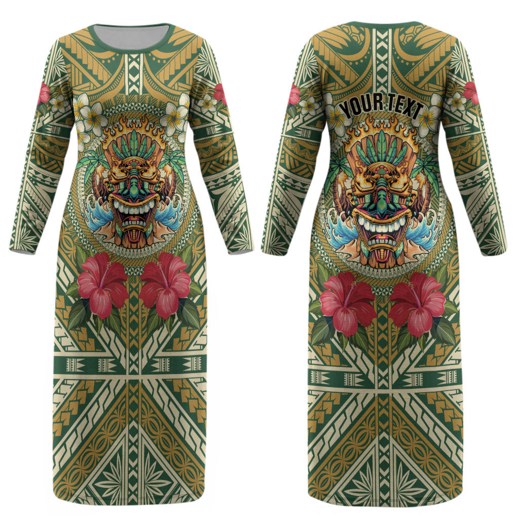 Hawaii Tiki Mask Personalized Couples Matching Long Sleeve Bodycon Dress and Hawaiian Shirt Mele Kalikimaka i Iulai! LT9 - Polynesian Pride