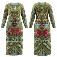 Hawaii Tiki Mask Personalized Couples Matching Long Sleeve Bodycon Dress and Hawaiian Shirt Mele Kalikimaka i Iulai! LT9 - Polynesian Pride