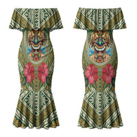 Hawaii Tiki Mask Personalized Couples Matching Mermaid Dress and Hawaiian Shirt Mele Kalikimaka i Iulai! LT9 - Polynesian Pride