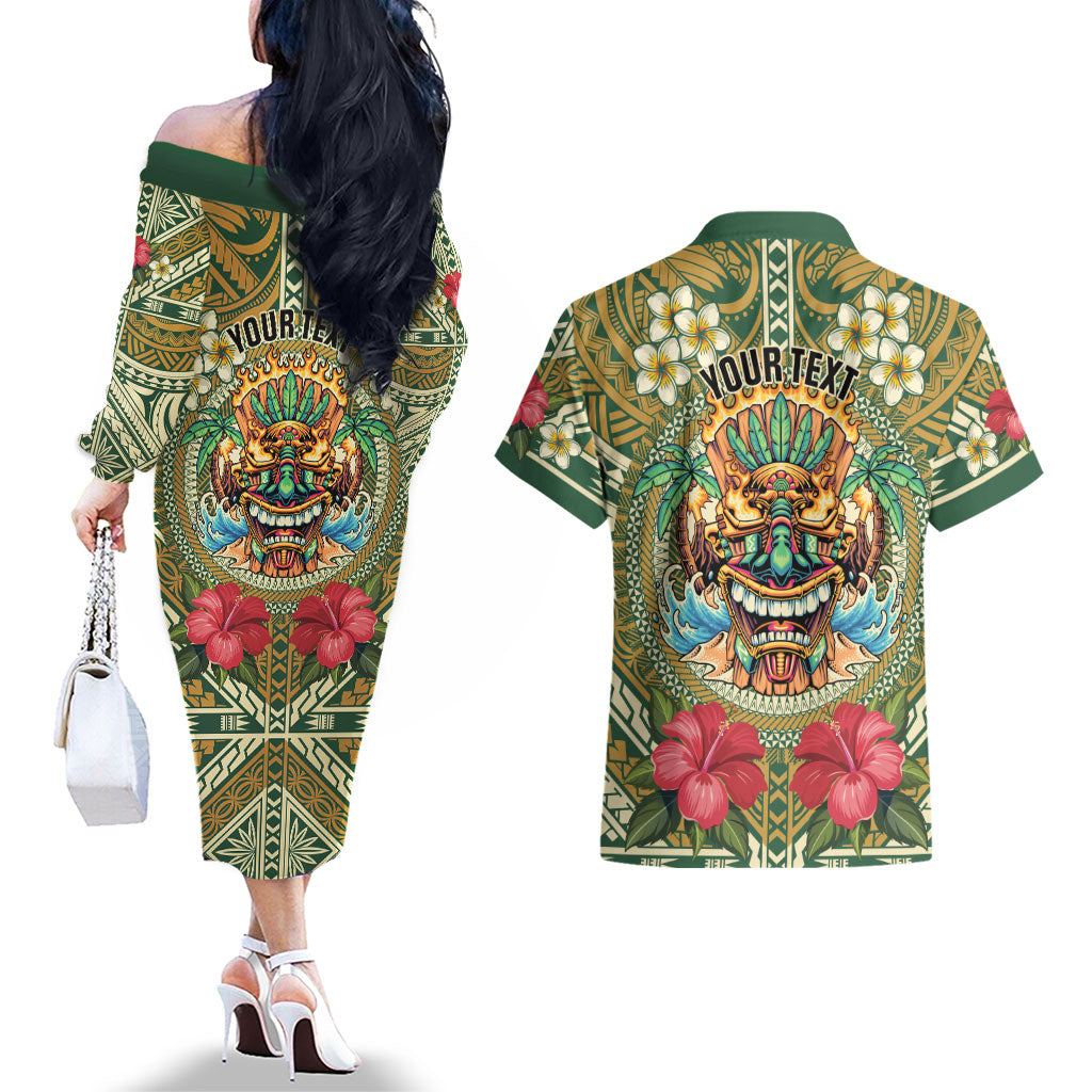 Hawaii Tiki Mask Personalized Couples Matching Off The Shoulder Long Sleeve Dress and Hawaiian Shirt Mele Kalikimaka i Iulai!