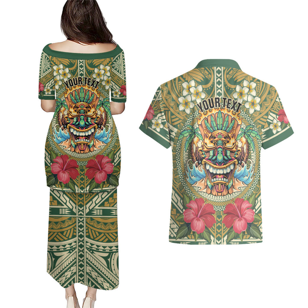 Hawaii Tiki Mask Personalized Couples Matching Puletasi and Hawaiian Shirt Mele Kalikimaka i Iulai!
