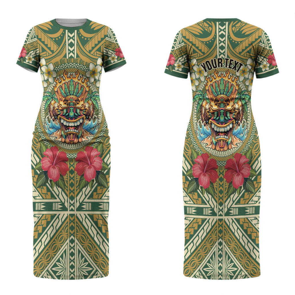 Hawaii Tiki Mask Personalized Couples Matching Short Sleeve Bodycon Dress and Hawaiian Shirt Mele Kalikimaka i Iulai! LT9 - Polynesian Pride