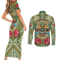 Hawaii Tiki Mask Personalized Couples Matching Short Sleeve Bodycon Dress and Long Sleeve Button Shirt Mele Kalikimaka i Iulai!