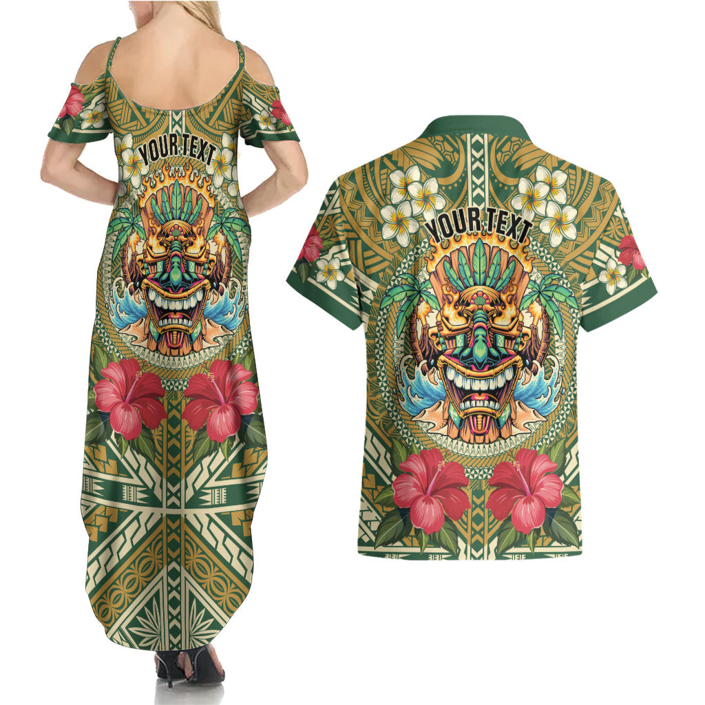 Hawaii Tiki Mask Personalized Couples Matching Summer Maxi Dress and Hawaiian Shirt Mele Kalikimaka i Iulai!