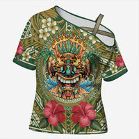 Hawaii Tiki Mask Personalized Cross Shoulder Shirt Mele Kalikimaka i Iulai! LT9 Female Green - Polynesian Pride