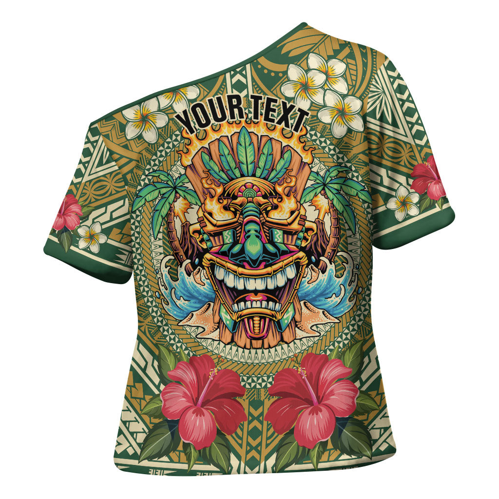 Hawaii Tiki Mask Personalized Cross Shoulder Shirt Mele Kalikimaka i Iulai! LT9 - Polynesian Pride