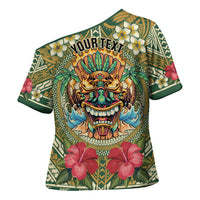 Hawaii Tiki Mask Personalized Cross Shoulder Shirt Mele Kalikimaka i Iulai! LT9 - Polynesian Pride