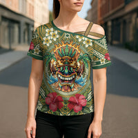 Hawaii Tiki Mask Personalized Cross Shoulder Shirt Mele Kalikimaka i Iulai! LT9 - Polynesian Pride
