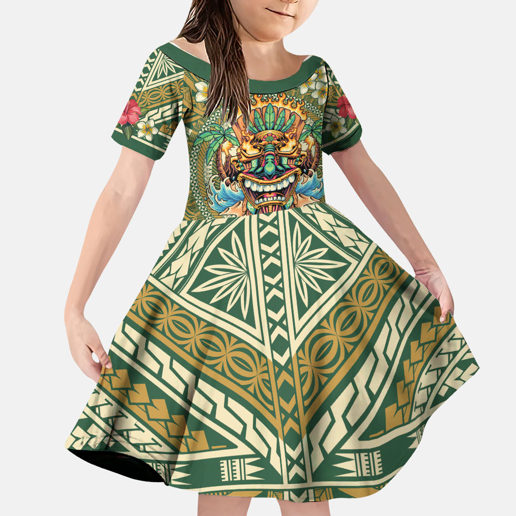 Hawaii Tiki Mask Personalized Family Matching Mermaid Dress and Hawaiian Shirt Mele Kalikimaka i Iulai! LT9 Daughter's Dress Green - Polynesian Pride