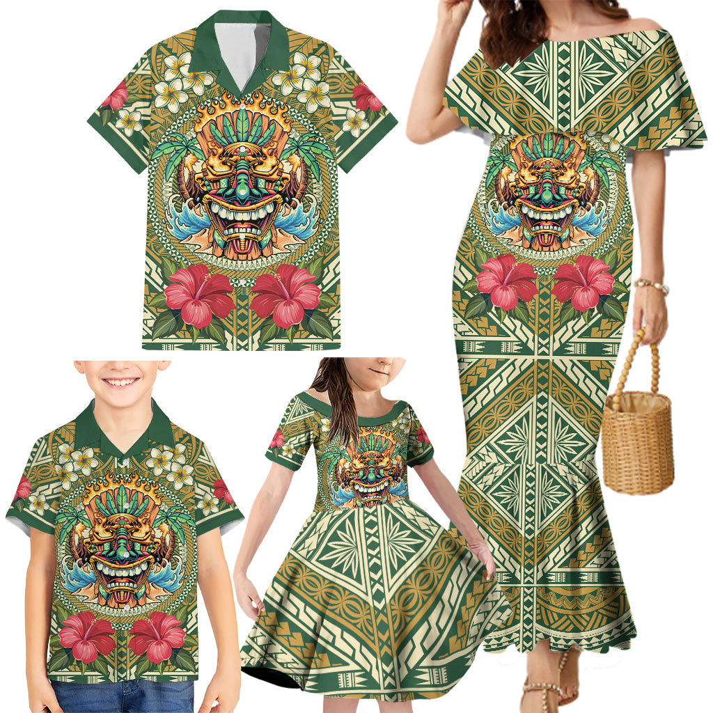Hawaii Tiki Mask Personalized Family Matching Mermaid Dress and Hawaiian Shirt Mele Kalikimaka i Iulai! LT9 - Polynesian Pride