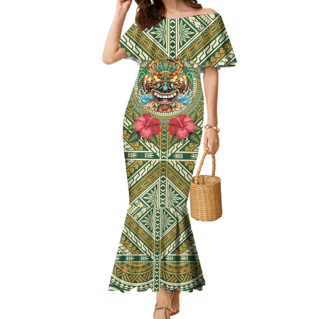 Hawaii Tiki Mask Personalized Family Matching Mermaid Dress and Hawaiian Shirt Mele Kalikimaka i Iulai! LT9 Mom's Dress Green - Polynesian Pride