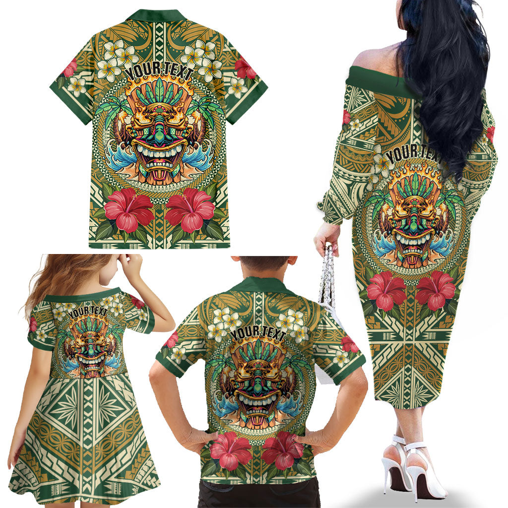 Hawaii Tiki Mask Personalized Family Matching Off The Shoulder Long Sleeve Dress and Hawaiian Shirt Mele Kalikimaka i Iulai! LT9 - Polynesian Pride