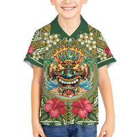 Hawaii Tiki Mask Personalized Family Matching Off The Shoulder Long Sleeve Dress and Hawaiian Shirt Mele Kalikimaka i Iulai! LT9 Son's Shirt Green - Polynesian Pride