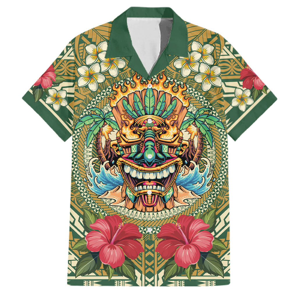 Hawaii Tiki Mask Personalized Family Matching Off Shoulder Maxi Dress and Hawaiian Shirt Mele Kalikimaka i Iulai! LT9 Dad's Shirt - Short Sleeve Green - Polynesian Pride