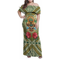 Hawaii Tiki Mask Personalized Family Matching Off Shoulder Maxi Dress and Hawaiian Shirt Mele Kalikimaka i Iulai! LT9 Mom's Dress Green - Polynesian Pride