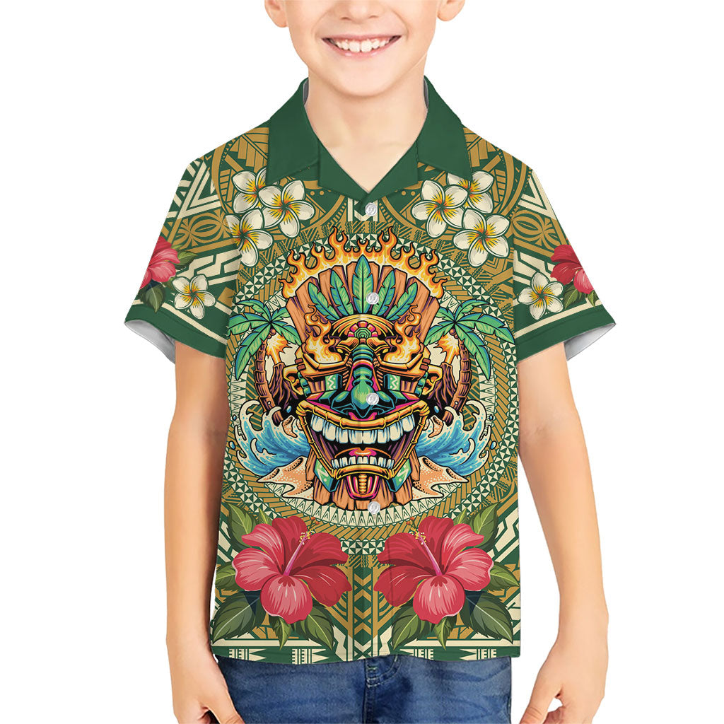 Hawaii Tiki Mask Personalized Family Matching Off Shoulder Short Dress and Hawaiian Shirt Mele Kalikimaka i Iulai! LT9 Son's Shirt Green - Polynesian Pride