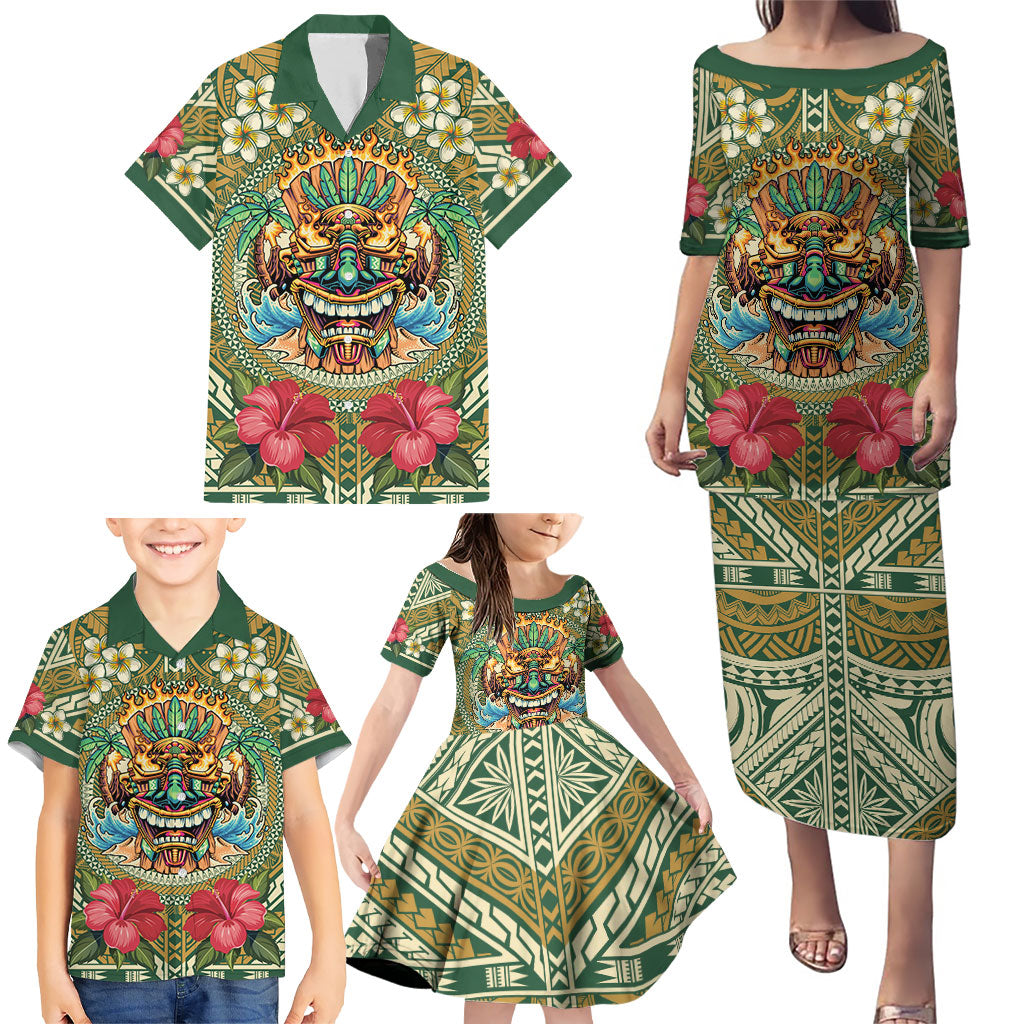 Hawaii Tiki Mask Personalized Family Matching Puletasi and Hawaiian Shirt Mele Kalikimaka i Iulai!