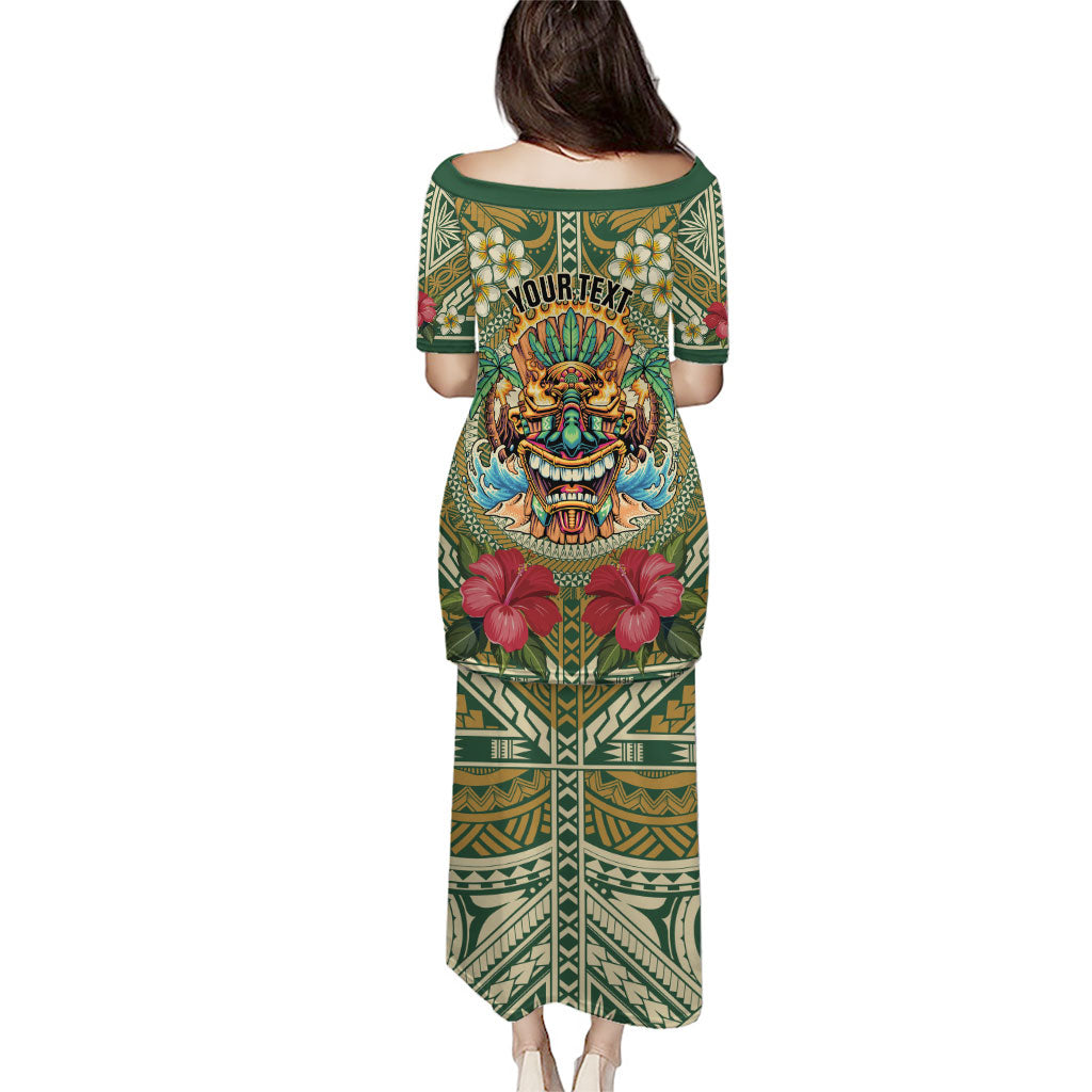 Hawaii Tiki Mask Personalized Family Matching Puletasi and Hawaiian Shirt Mele Kalikimaka i Iulai!
