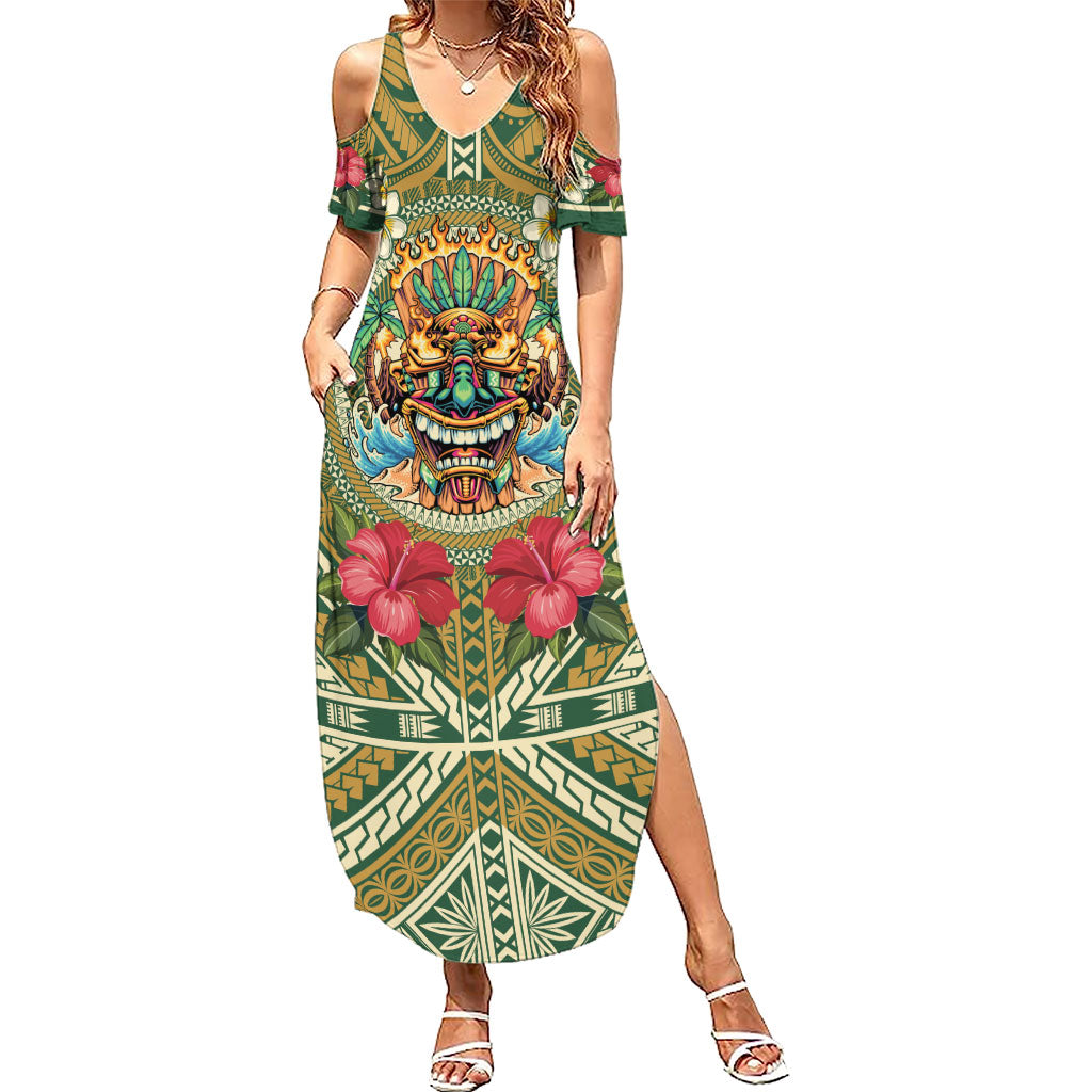 Hawaii Tiki Mask Personalized Family Matching Summer Maxi Dress and Hawaiian Shirt Mele Kalikimaka i Iulai! LT9 Mom's Dress Green - Polynesian Pride