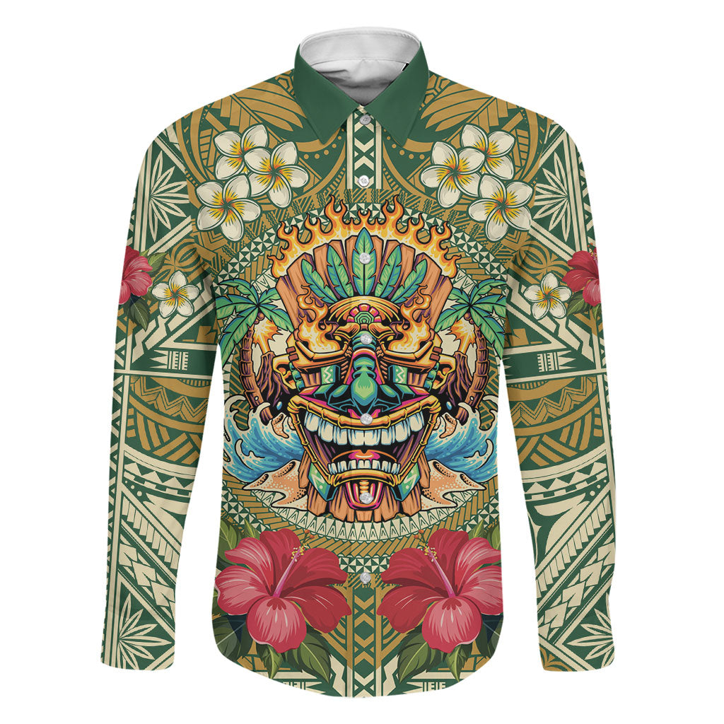 Hawaii Tiki Mask Personalized Family Matching Tank Maxi Dress and Hawaiian Shirt Mele Kalikimaka i Iulai! LT9 Dad's Shirt - Long Sleeve Green - Polynesian Pride
