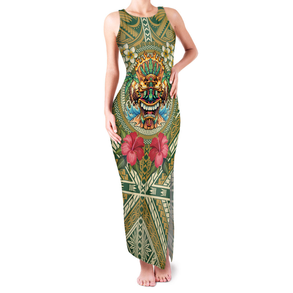 Hawaii Tiki Mask Personalized Family Matching Tank Maxi Dress and Hawaiian Shirt Mele Kalikimaka i Iulai! LT9 Mom's Dress Green - Polynesian Pride