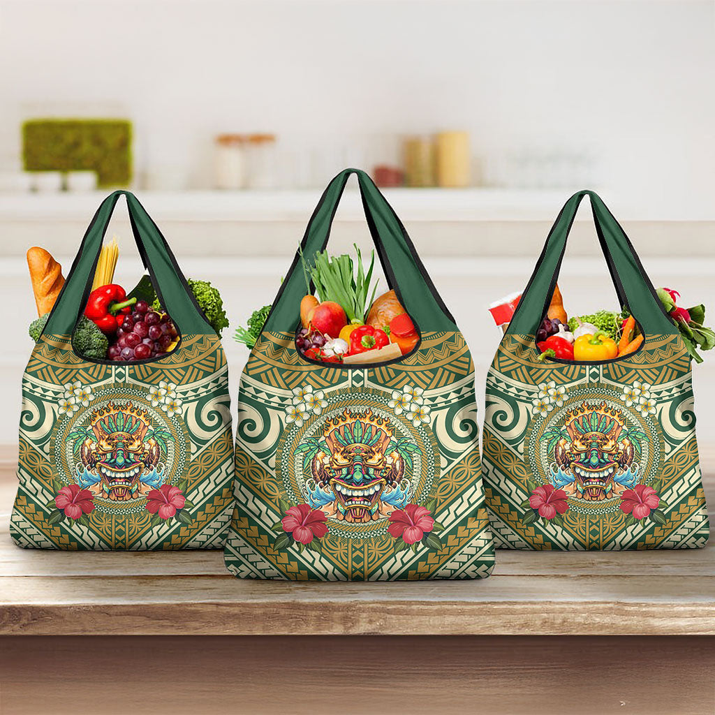 Hawaii Tiki Mask Grocery Bag Mele Kalikimaka i Iulai! LT9 3-pack One Size Green - Polynesian Pride