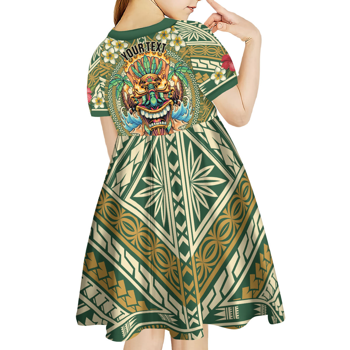 Hawaii Tiki Mask Personalized Kid Short Sleeve Dress Mele Kalikimaka i Iulai!