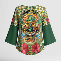 Hawaii Tiki Mask Personalized Kimono Sleeve Blouse Mele Kalikimaka i Iulai! LT9 - Polynesian Pride