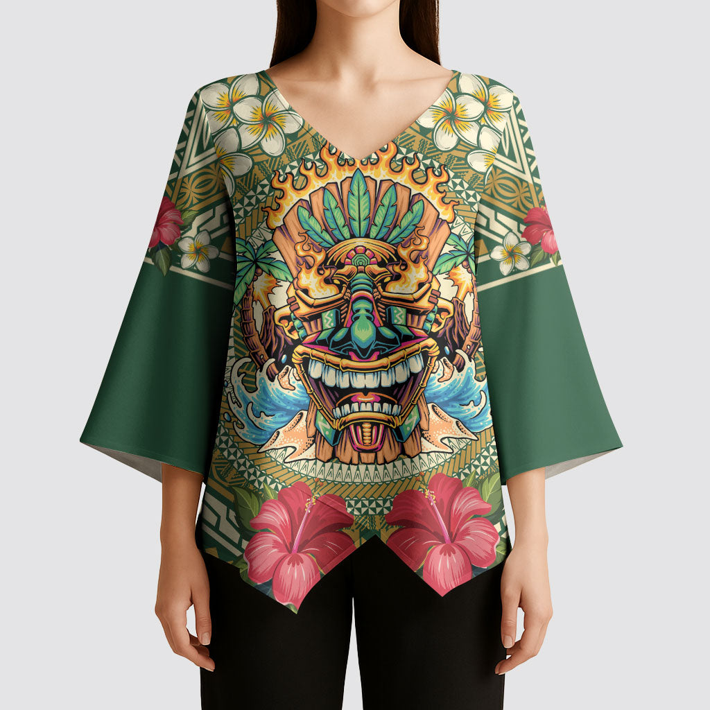 Hawaii Tiki Mask Personalized Kimono Sleeve Blouse Mele Kalikimaka i Iulai! LT9 - Polynesian Pride