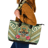 Hawaii Tiki Mask Leather Tote Bag Mele Kalikimaka i Iulai! LT9 Green - Polynesian Pride