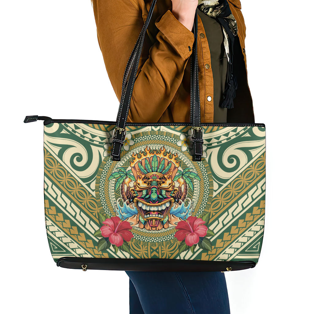 Hawaii Tiki Mask Leather Tote Bag Mele Kalikimaka i Iulai! LT9 - Polynesian Pride