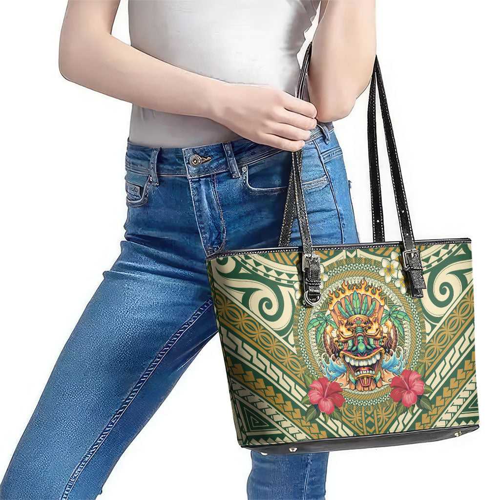 Hawaii Tiki Mask Leather Tote Bag Mele Kalikimaka i Iulai! LT9 - Polynesian Pride