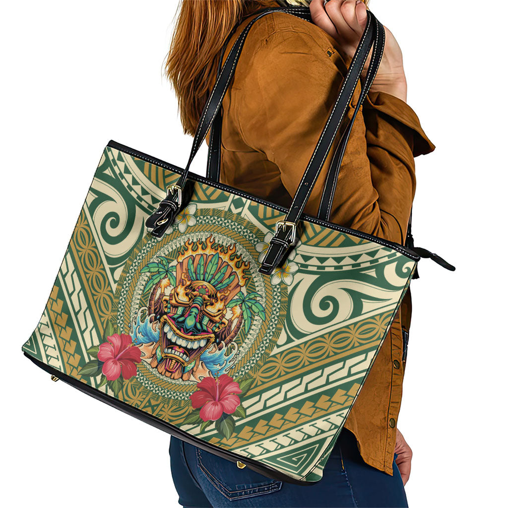 Hawaii Tiki Mask Leather Tote Bag Mele Kalikimaka i Iulai! LT9 - Polynesian Pride