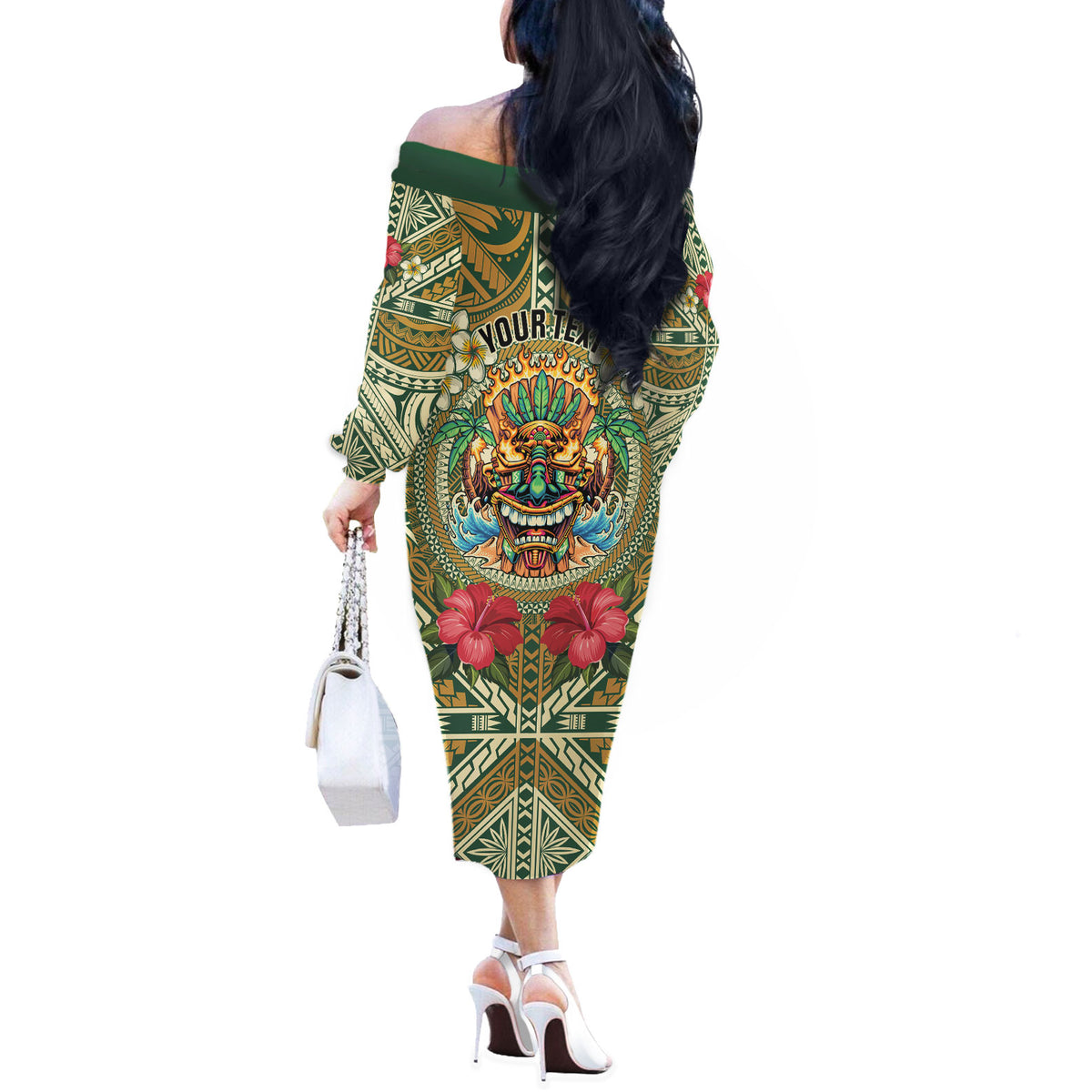 Hawaii Tiki Mask Personalized Off The Shoulder Long Sleeve Dress Mele Kalikimaka i Iulai!