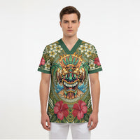 Hawaii Tiki Mask Personalized Scrub Top Mele Kalikimaka i Iulai!