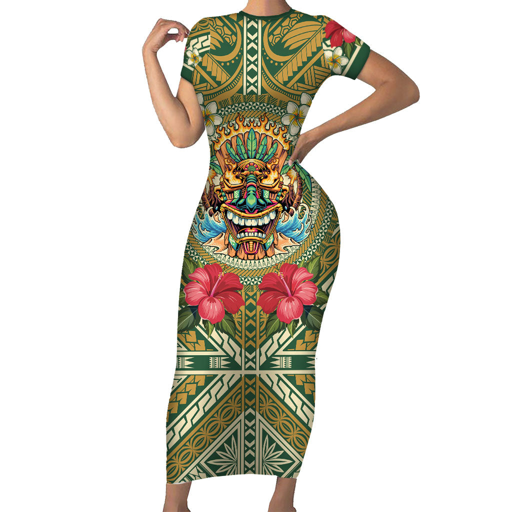 Hawaii Tiki Mask Personalized Short Sleeve Bodycon Dress Mele Kalikimaka i Iulai! LT9 Long Dress Green - Polynesian Pride