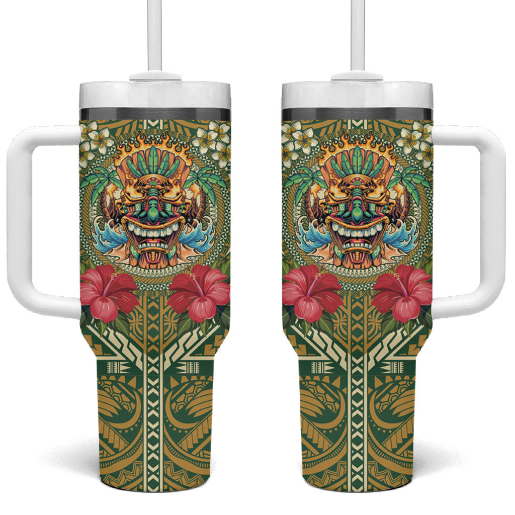 Hawaii Tiki Mask Personalized Tumbler With Handle Mele Kalikimaka i Iulai!