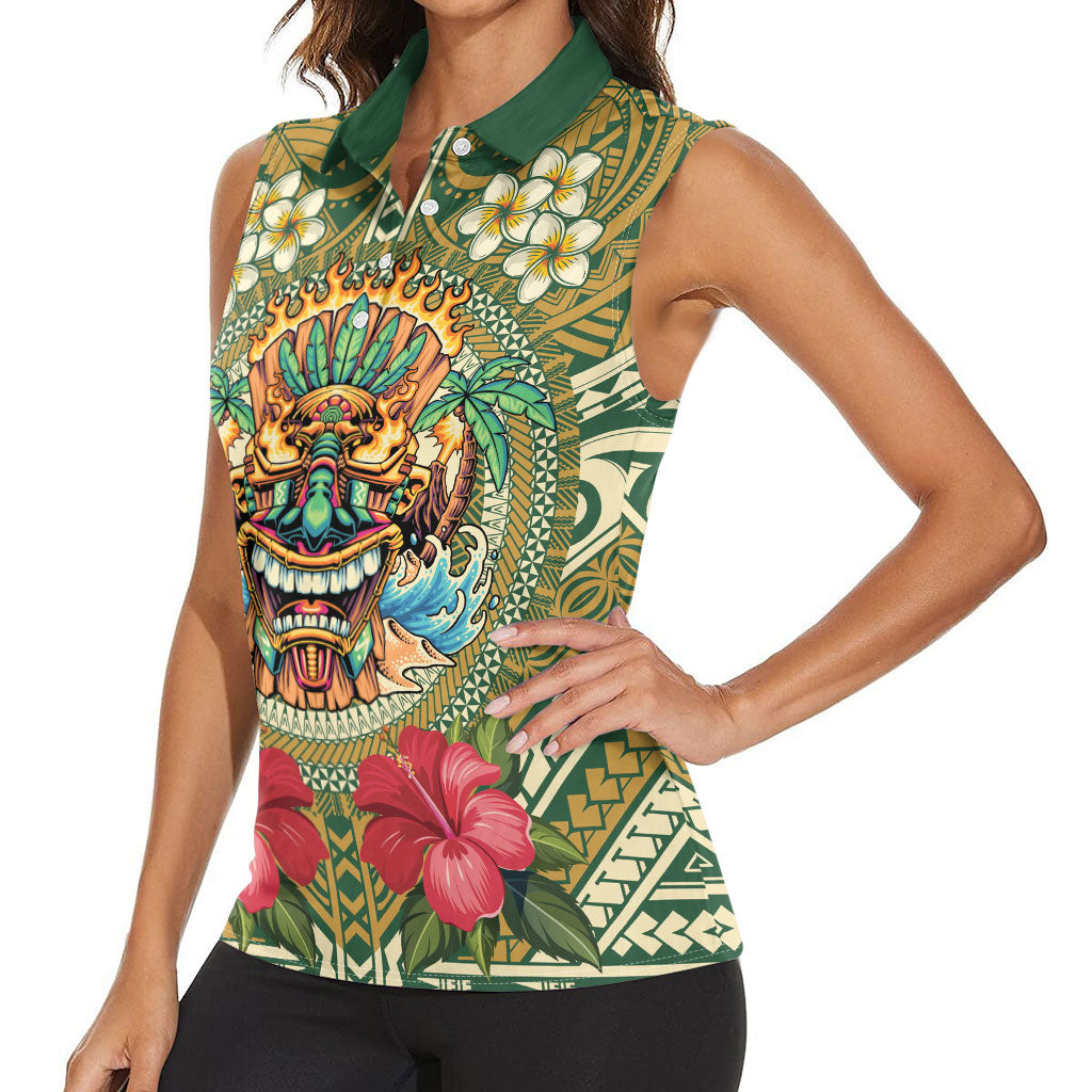 Hawaii Tiki Mask Personalized Women Sleeveless Polo Shirt Mele Kalikimaka i Iulai!