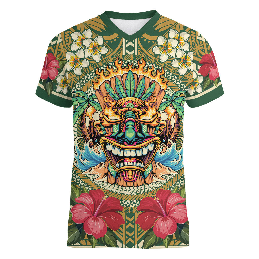 Hawaii Tiki Mask Personalized Women V-Neck T-Shirt Mele Kalikimaka i Iulai!