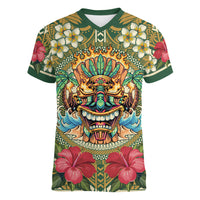 Hawaii Tiki Mask Personalized Women V-Neck T-Shirt Mele Kalikimaka i Iulai!