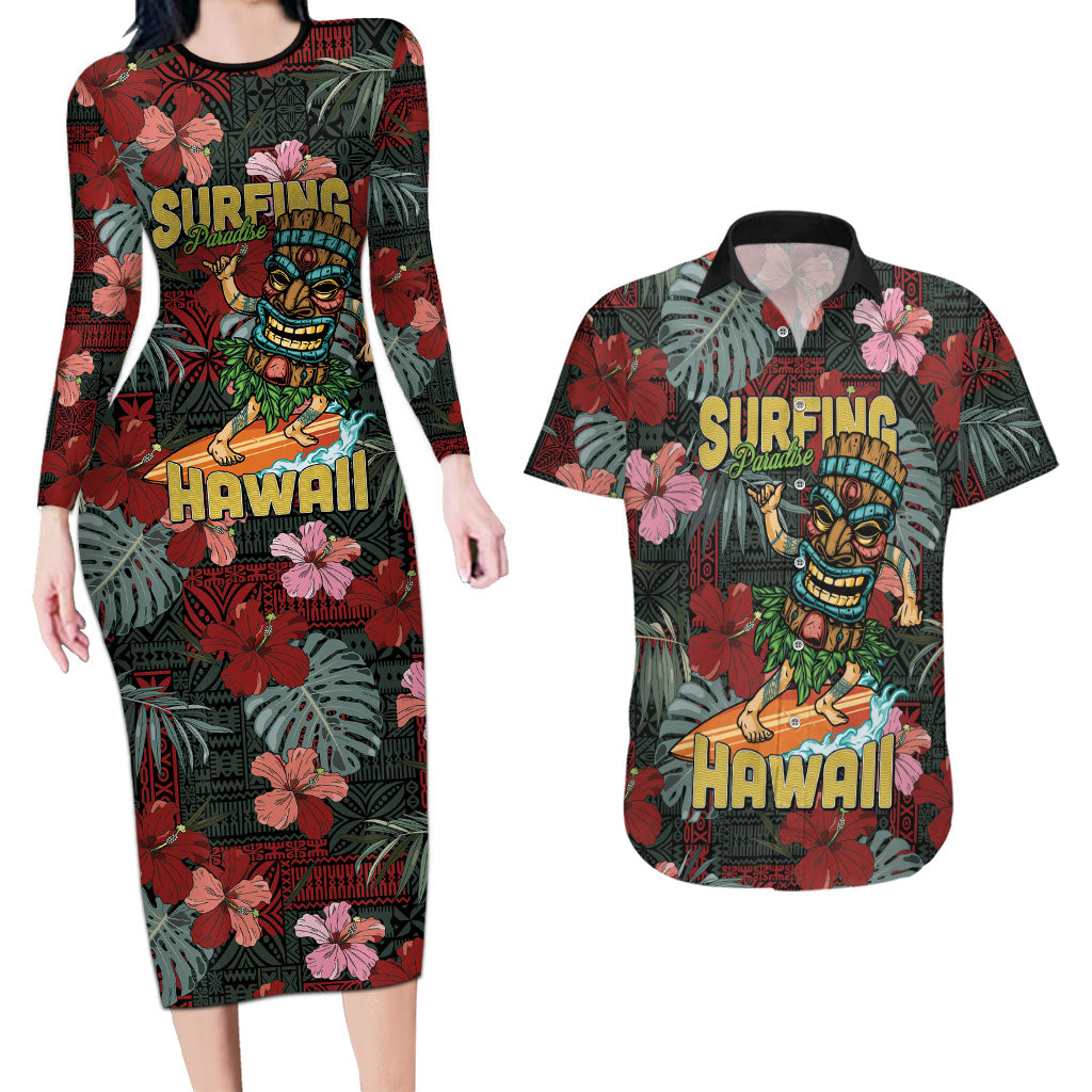 Hawaii Tiki Surfing Couples Matching Long Sleeve Bodycon Dress and Hawaiian Shirt Mele Kalikimaka i Iulai! LT9 Black - Polynesian Pride