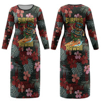 Hawaii Tiki Surfing Couples Matching Long Sleeve Bodycon Dress and Hawaiian Shirt Mele Kalikimaka i Iulai! LT9 - Polynesian Pride