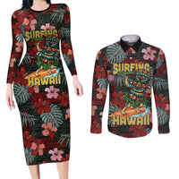 Hawaii Tiki Surfing Couples Matching Long Sleeve Bodycon Dress and Long Sleeve Button Shirt Mele Kalikimaka i Iulai!