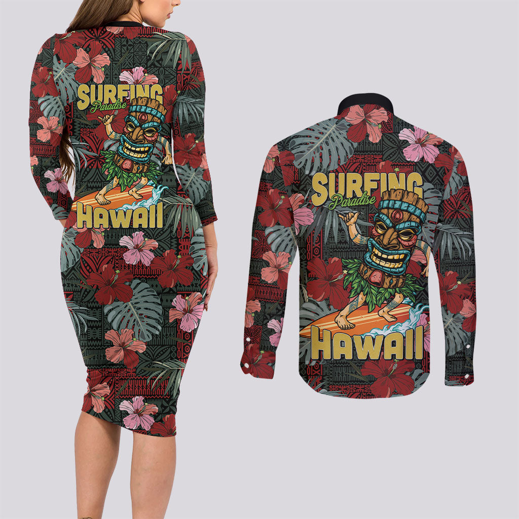 Hawaii Tiki Surfing Couples Matching Long Sleeve Bodycon Dress and Long Sleeve Button Shirt Mele Kalikimaka i Iulai!